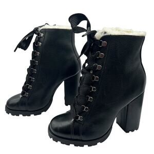 Schutz Womens 8.5 Zhara Leather Boots Black Lace Up Faux Fur Combat Lug 4.25 "